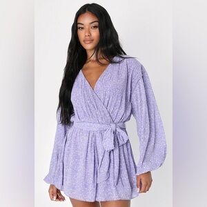 Lulu's Weekend Charm Lilac Floral Plisse Belted Balloon Sleeve Romper v neck